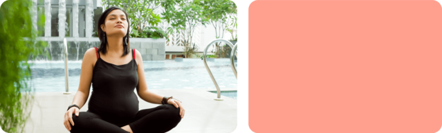 Mujer embarazada meditando a la orilla de una piscina